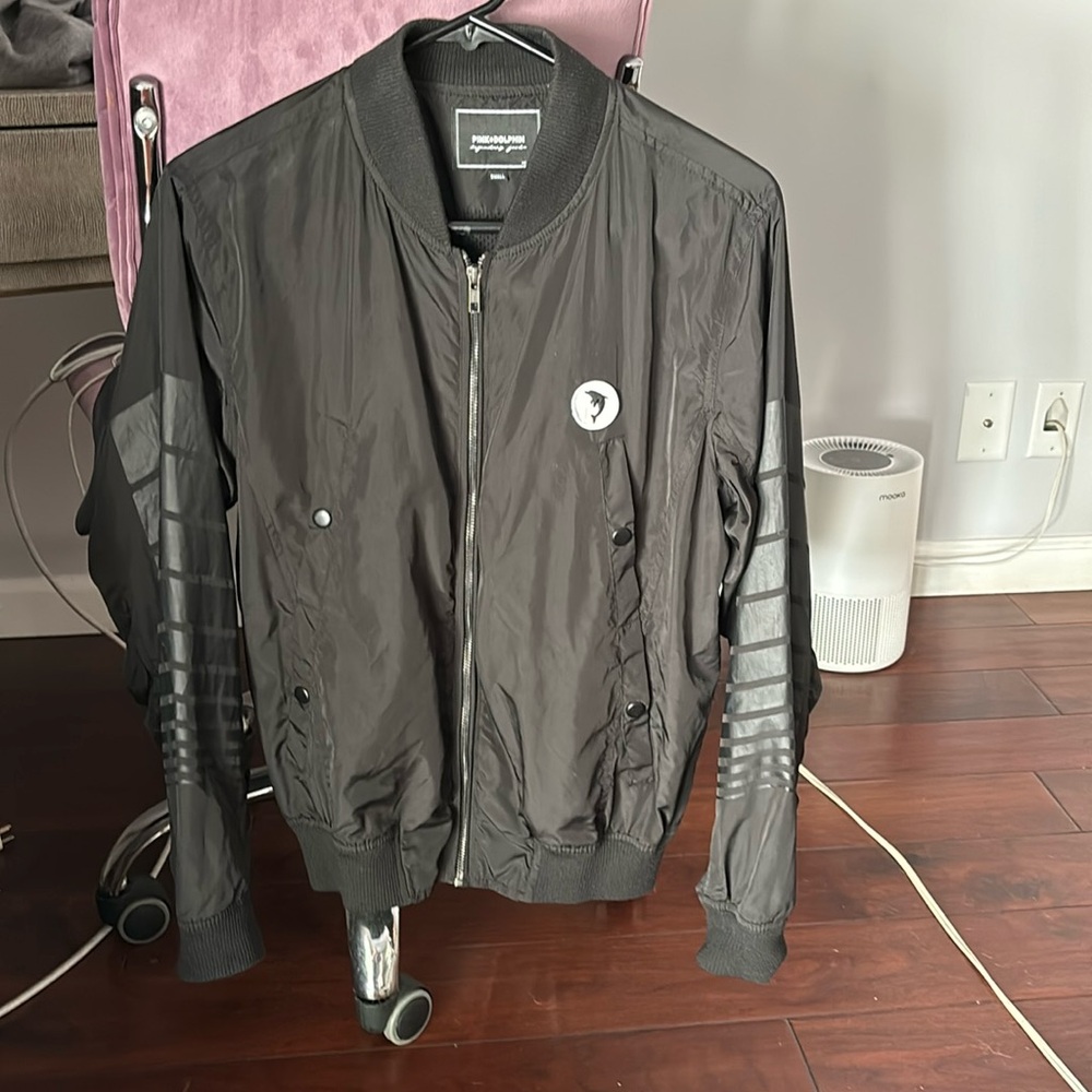 Pink Dolphin black windbreaker jacket with zipper front and 4 button pockets